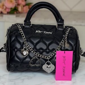 Betsey Johnson Medium Barrel Bag 5 silver heart charms xtra Crossbody Strap NWT